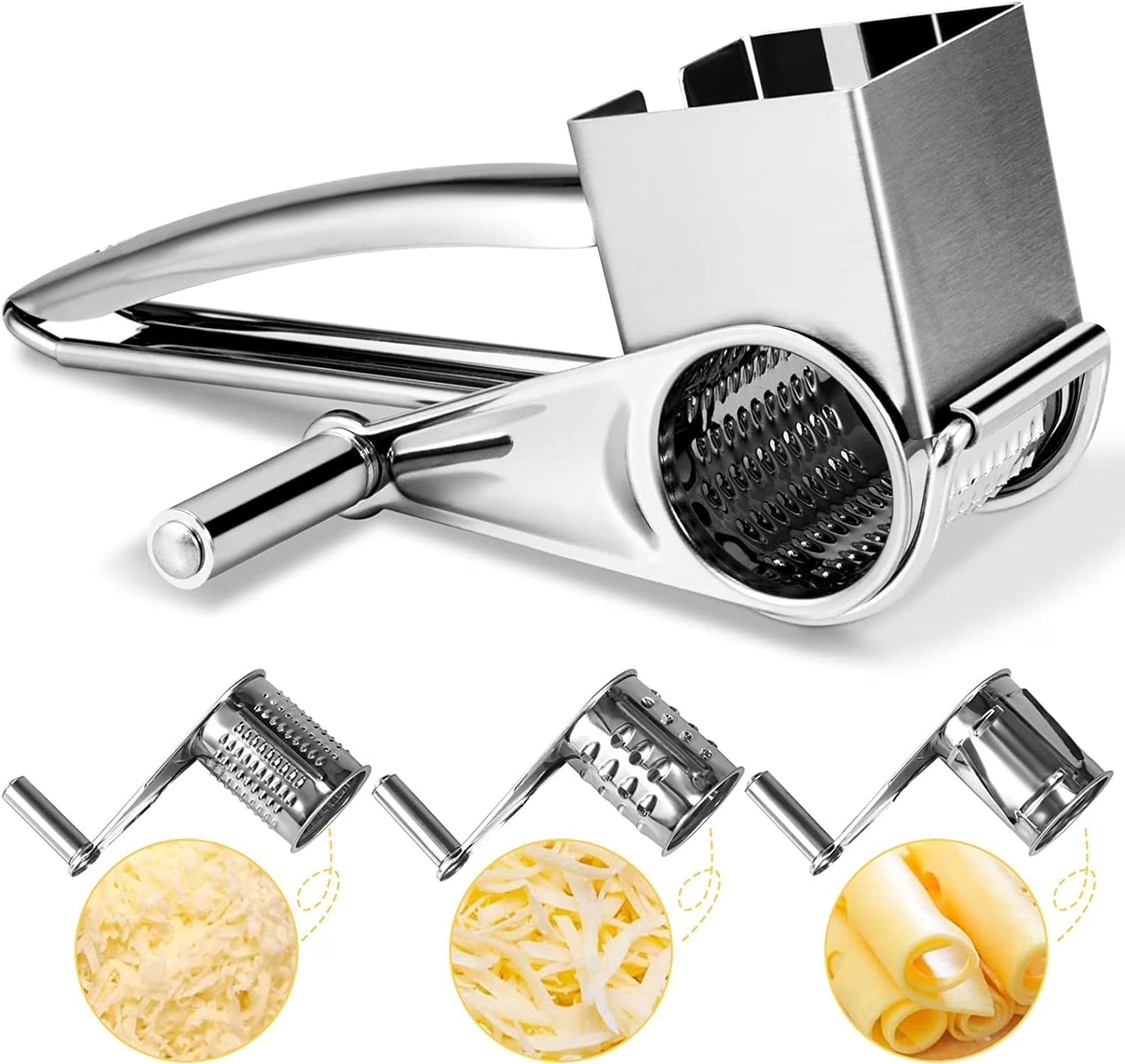 JLLOM Cheese Grater, Rotary Cheese Grater Handheld with 3 Drum Blades, Rotary Handheld Cheese Shredder Grater Stainless Steel