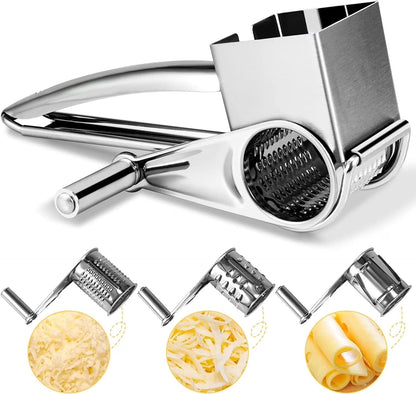 JLLOM Cheese Grater, Rotary Cheese Grater Handheld with 3 Drum Blades, Rotary Handheld Cheese Shredder Grater Stainless Steel