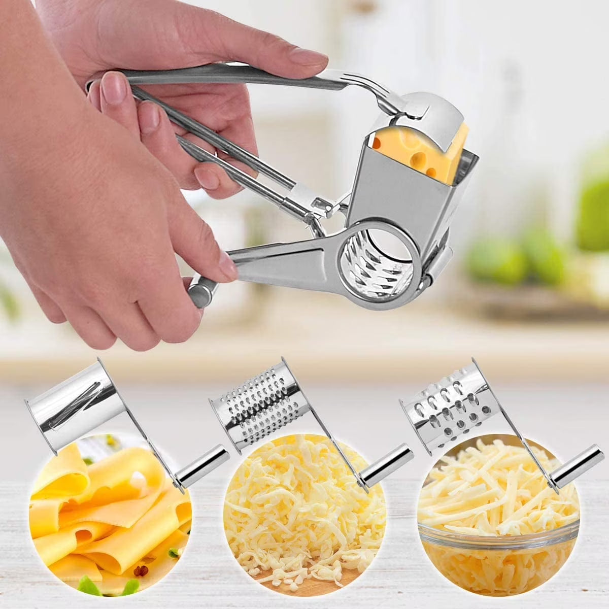 JLLOM Cheese Grater, Rotary Cheese Grater Handheld with 3 Drum Blades, Rotary Handheld Cheese Shredder Grater Stainless Steel