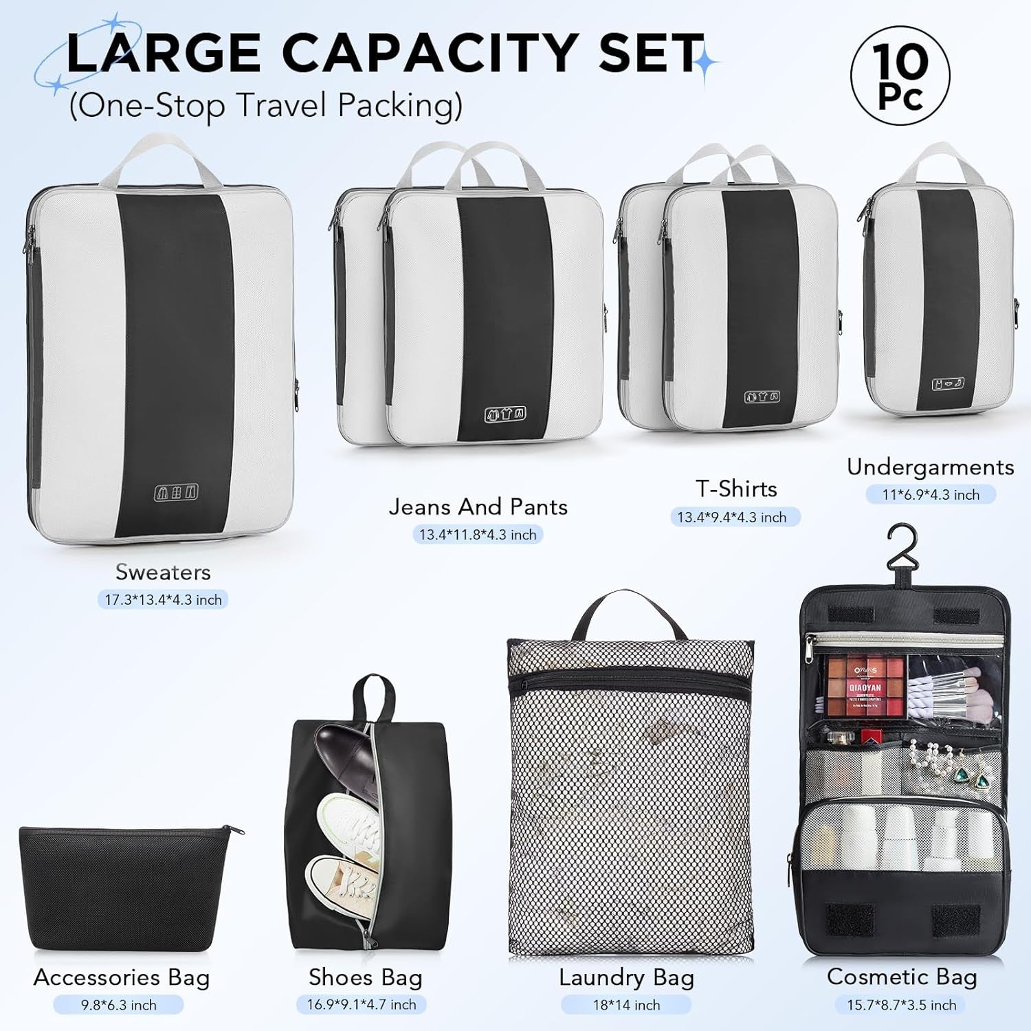 10 Set Compression Packing Cubes for Travel Essentials,Compressible Expandable Packing Cubes for Suitcase, Luggage Garment Bags for Travel,Handy Helper for Organizing Clothes(Black)