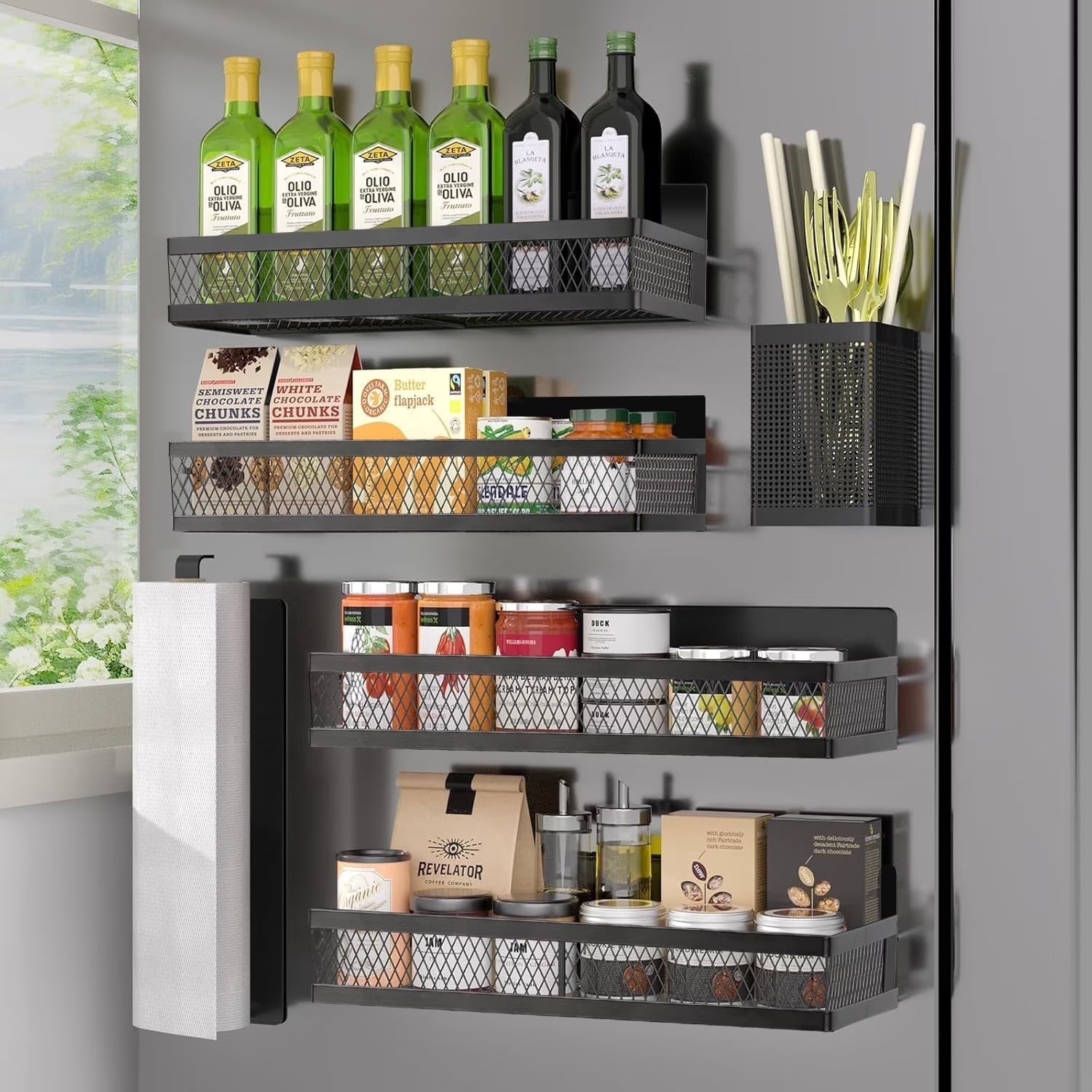 Magnetic Fridge Organizer | 6-Piece Spice + Paper Towel Rack