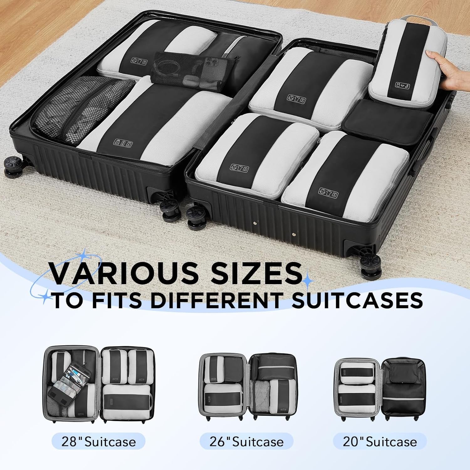 10 Set Compression Packing Cubes for Travel Essentials,Compressible Expandable Packing Cubes for Suitcase, Luggage Garment Bags for Travel,Handy Helper for Organizing Clothes(Black)