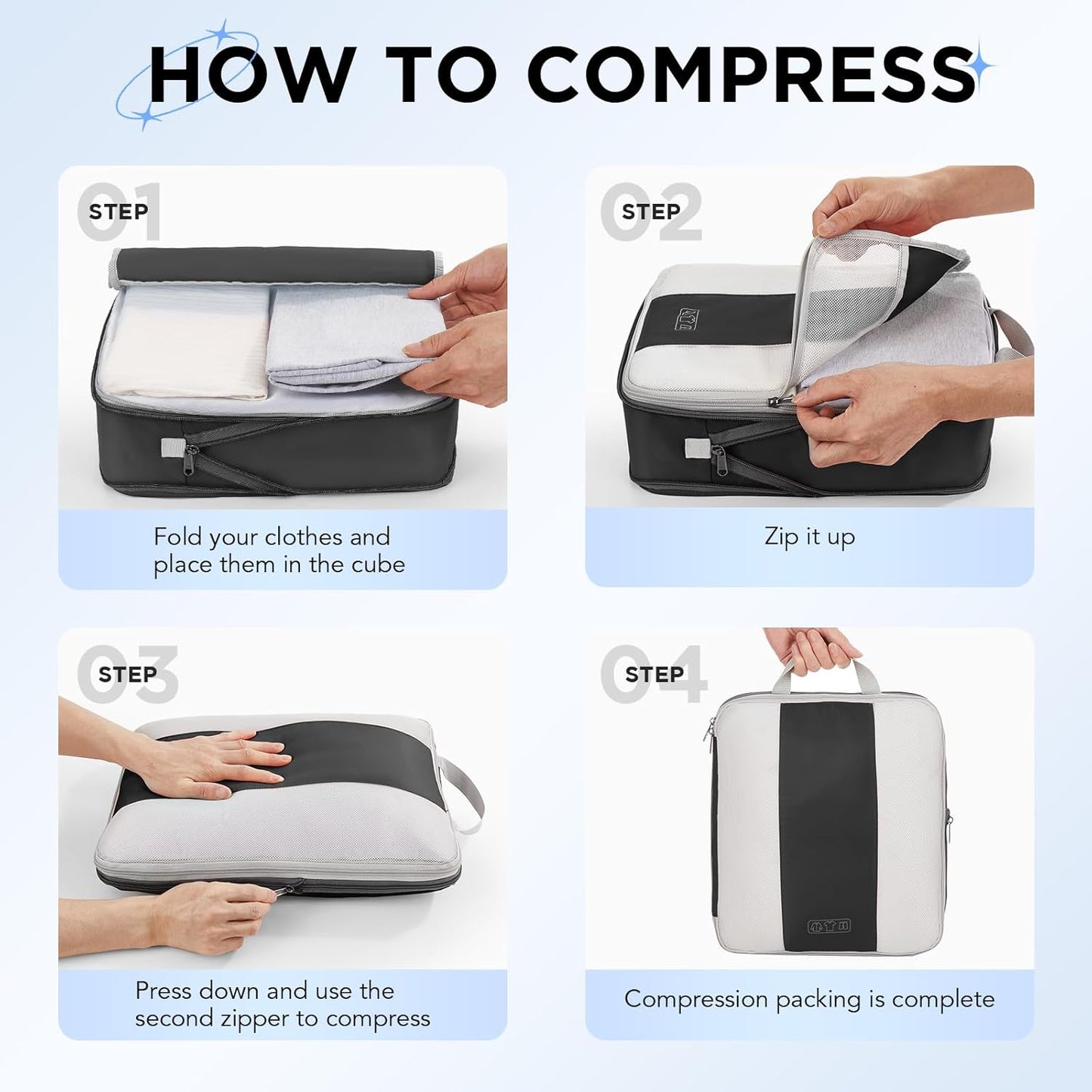 10 Set Compression Packing Cubes for Travel Essentials,Compressible Expandable Packing Cubes for Suitcase, Luggage Garment Bags for Travel,Handy Helper for Organizing Clothes(Black)