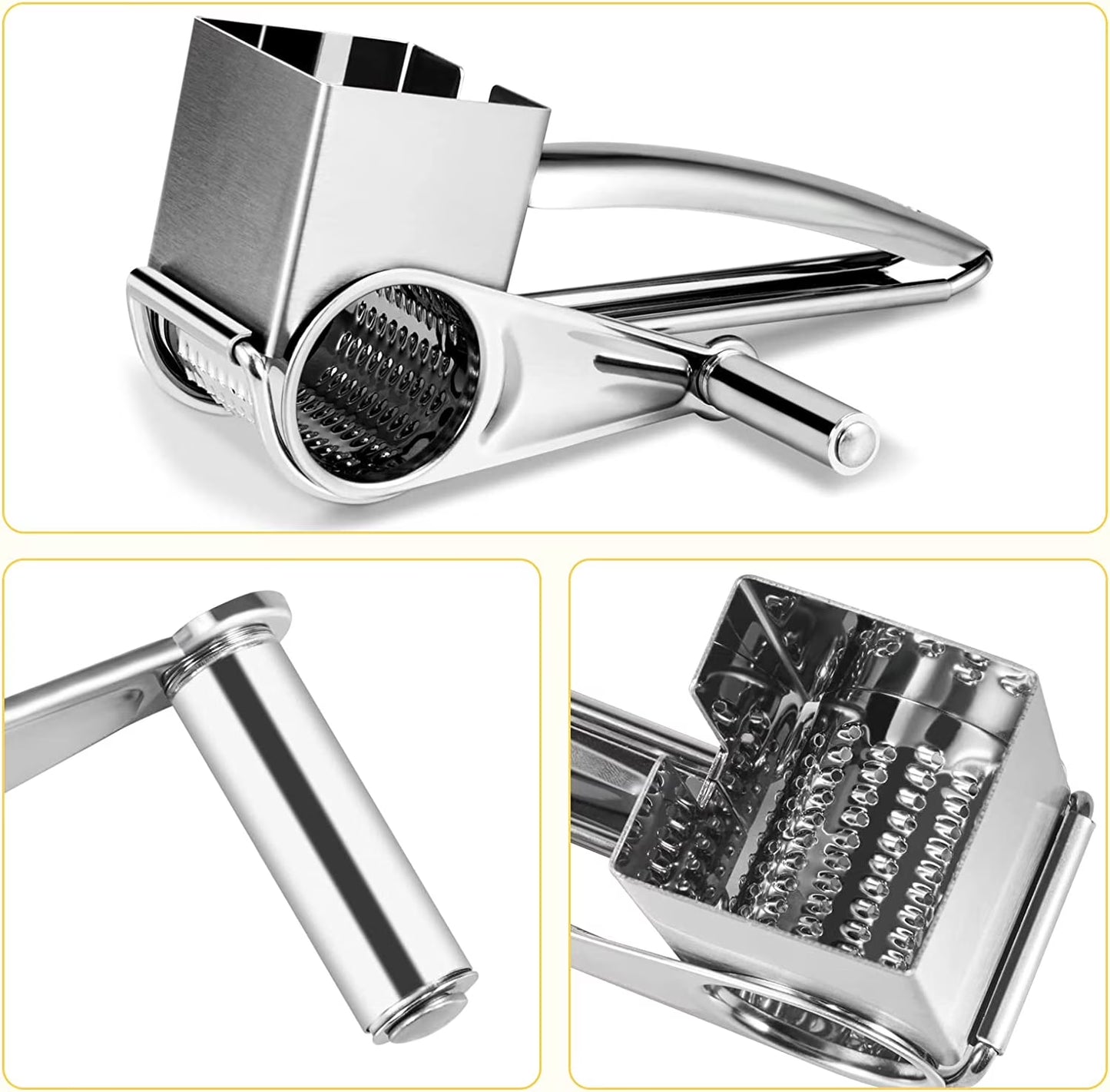 JLLOM Cheese Grater, Rotary Cheese Grater Handheld with 3 Drum Blades, Rotary Handheld Cheese Shredder Grater Stainless Steel
