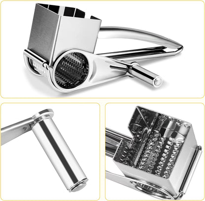 JLLOM Cheese Grater, Rotary Cheese Grater Handheld with 3 Drum Blades, Rotary Handheld Cheese Shredder Grater Stainless Steel